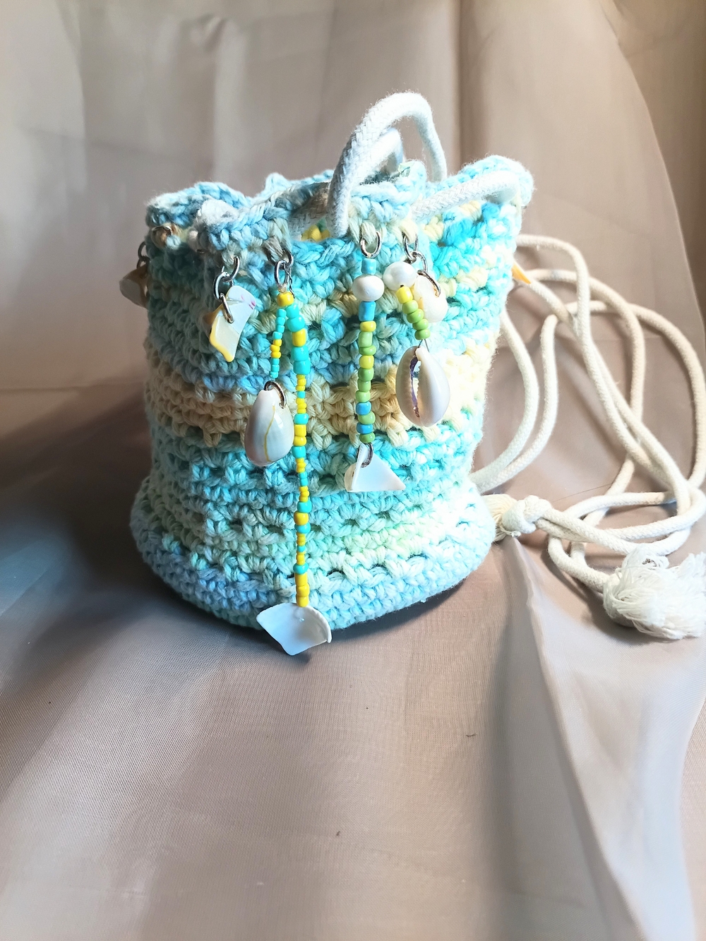 Handmade Crochet Mini Bucket Bag - Blue & Cream with Shell Charms